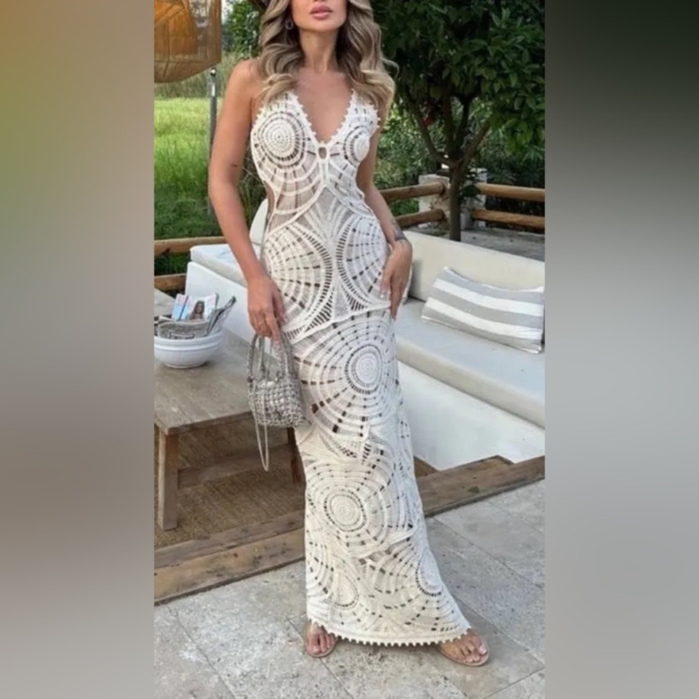 Off White Cut Out Crochet Dress